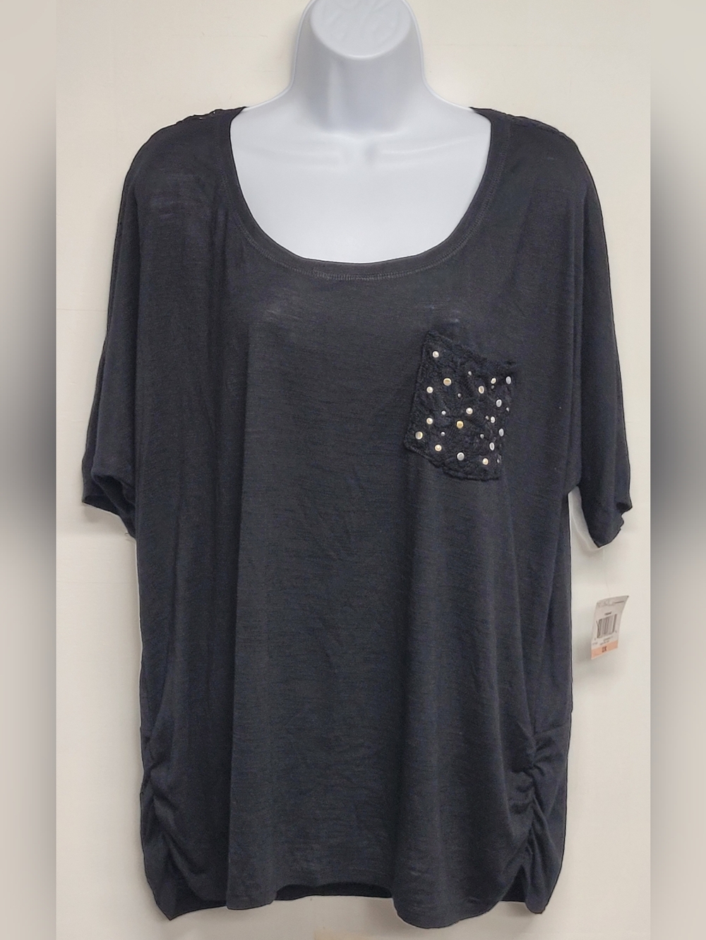 Style & Co 2X Top Deep Black Scoop Neck Lace Back Short Sleeve Stretch Knit